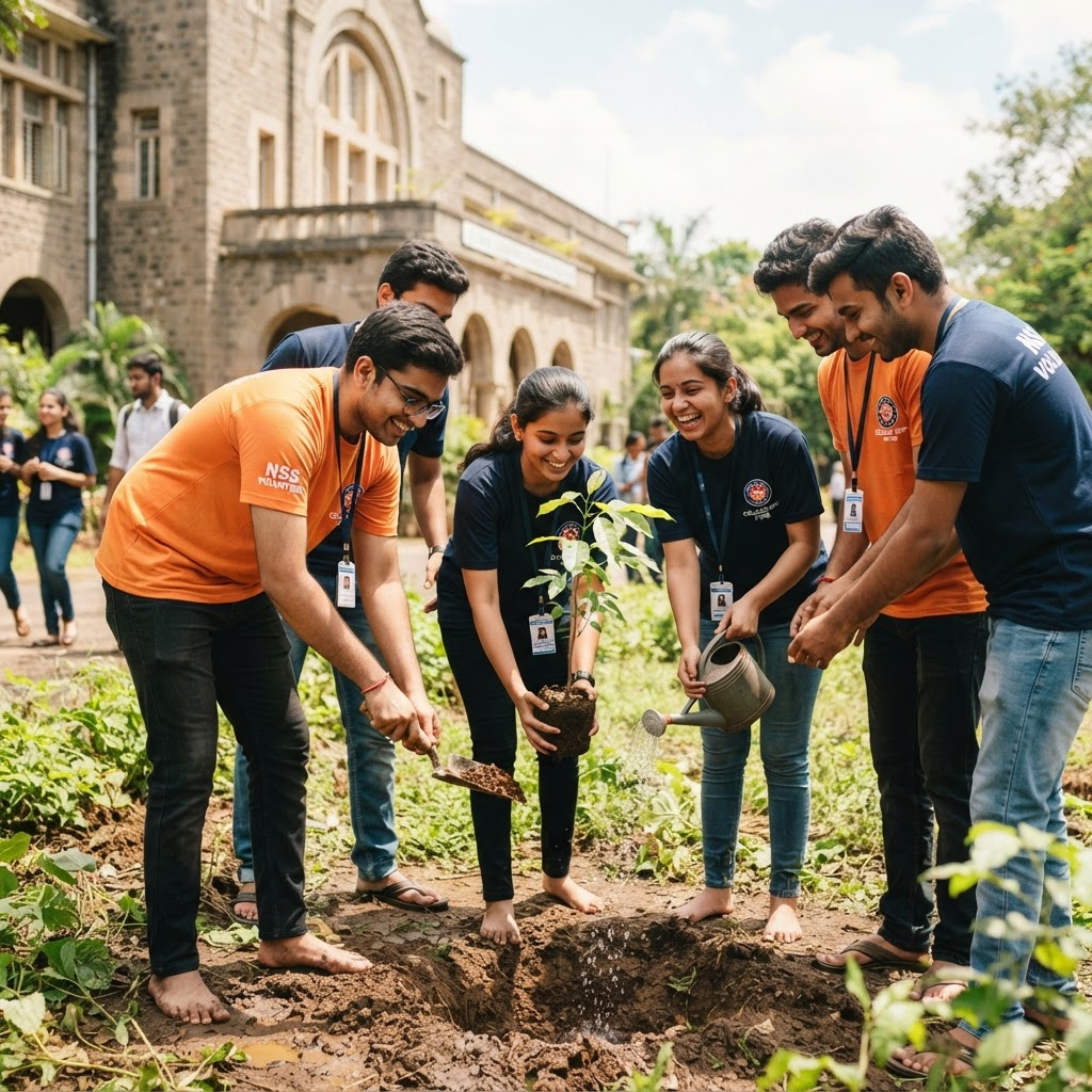 NSS student volunteers planting a sapling on campus